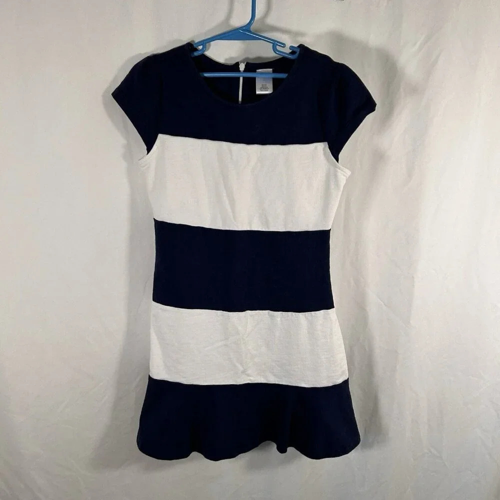 gymboree Dress Girls 10 Blue White Striped Short Sleeve Round Neck Zip Back Cott